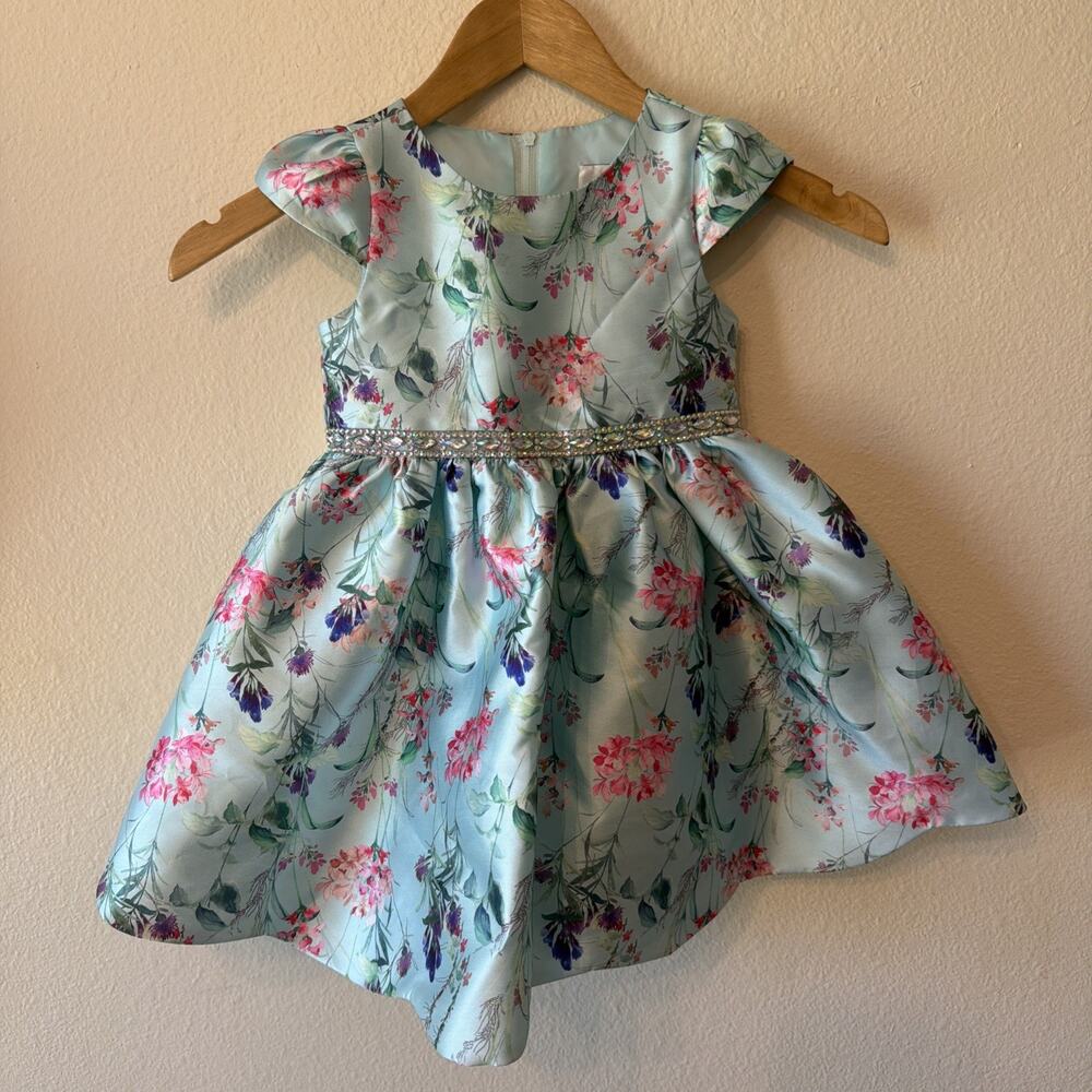 Rare Editions Spring Summer Floral Dress Girls 3T With Jewel Embellishment Belt